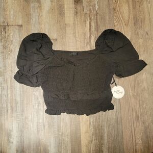 Milk & Honey Brown Black Peasant Smocked Crop Top M NWT